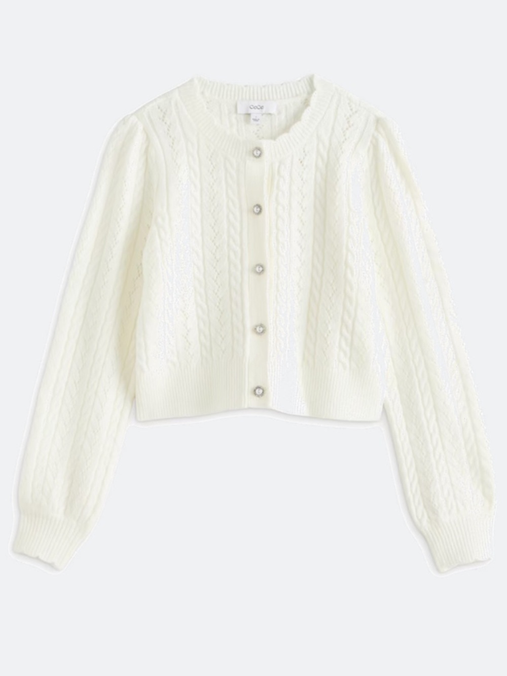 CeCe Cropped Pointelle Cable Knit Cardigan - Cream